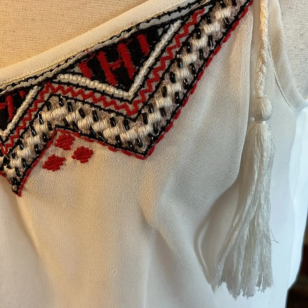 Free People Boho Summer Cream semi shear Dress w/Red Aztec Embroidery Size M - Picture 8 of 17